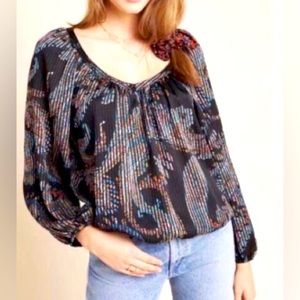 MAEVE By Anthropologie V-Neck Long Puff Sleeve Black Floral Paisley Top Sz S
